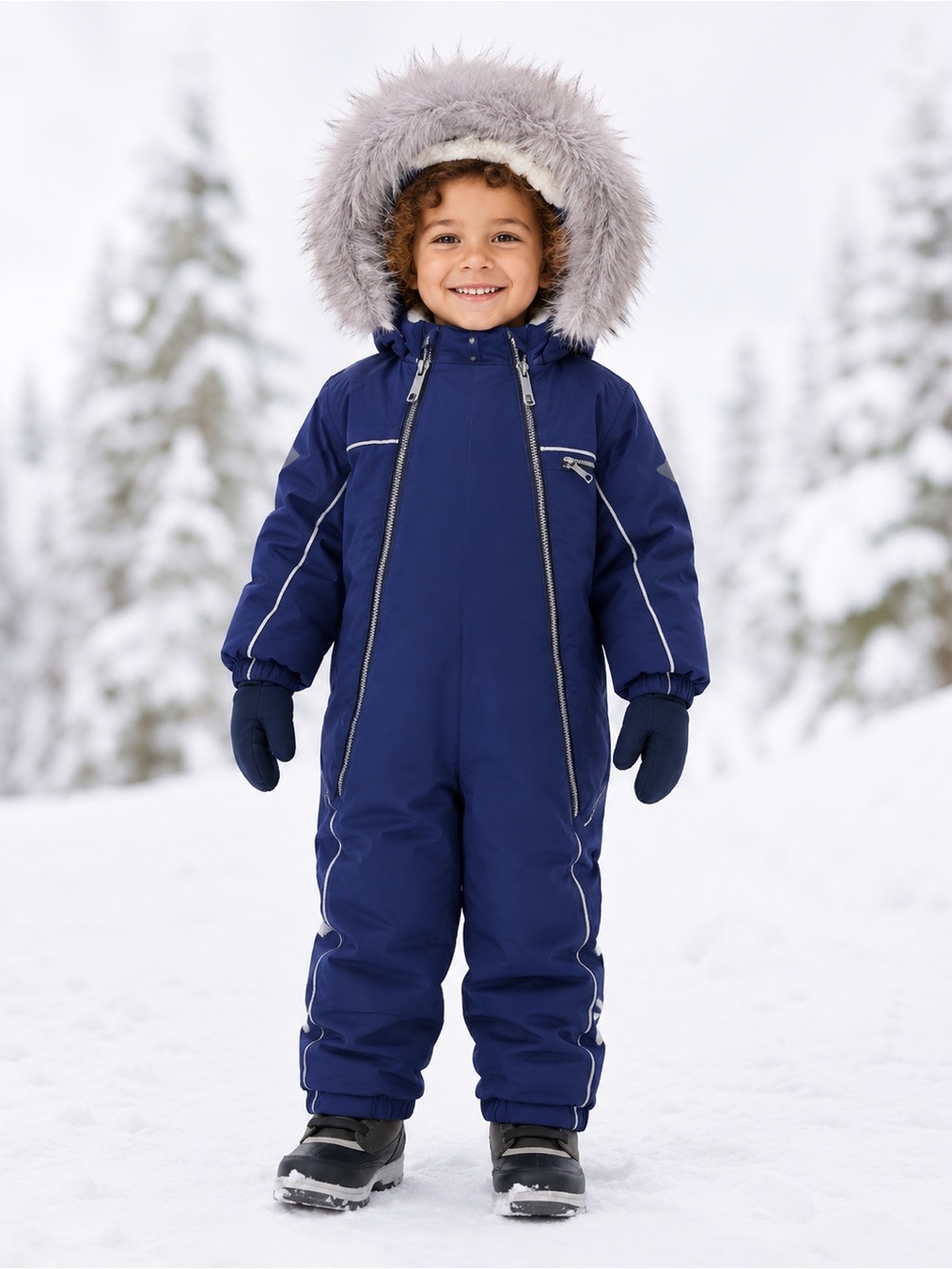 • Molo • Kids Pyxis Fur Recycle SnowSuit Missing the Hood Navy & Gray 86